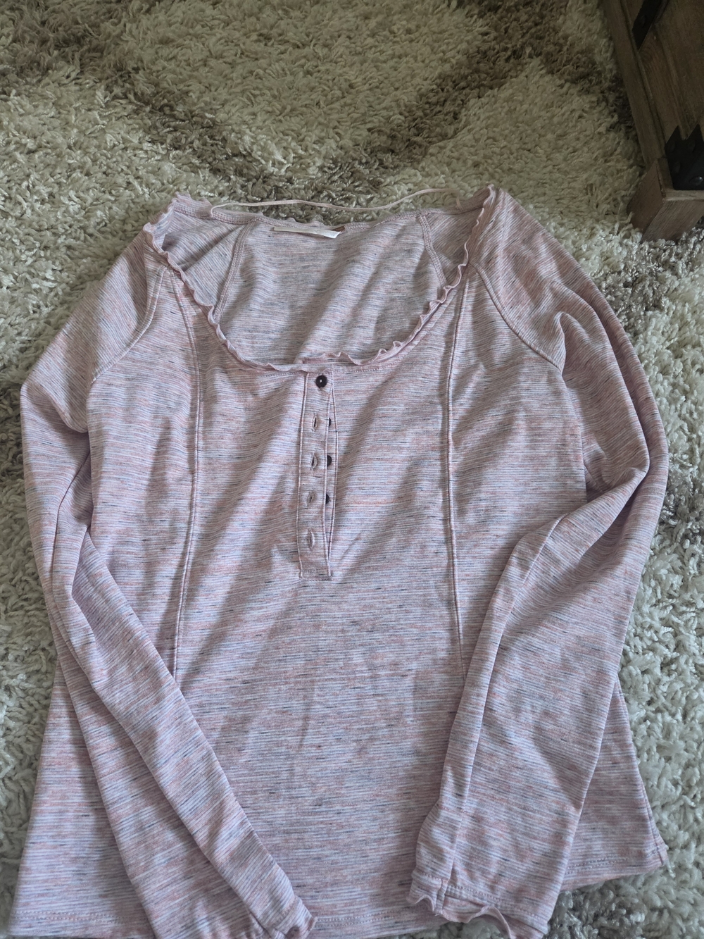 Free People Heathered Pink Long-Sleeve Henley with Ruffle Neck